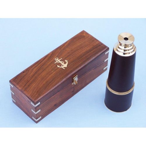  Hampton Nautical Admirals Brass/Leather Spyglass Telescope with Rosewood Box, 32, Brass