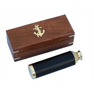 Hampton Nautical Captains Brass/Leather Spyglass Telescope with Rosewood Box, 15, Brass