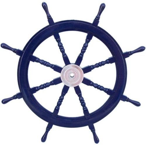  Hampton Nautical Deluxe Class Dark Blue Wood and Chrome Decorative Ship Steering Wheel 36 - ation