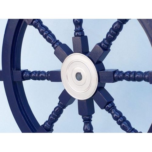  Hampton Nautical Deluxe Class Dark Blue Wood and Chrome Decorative Ship Steering Wheel 36 - ation