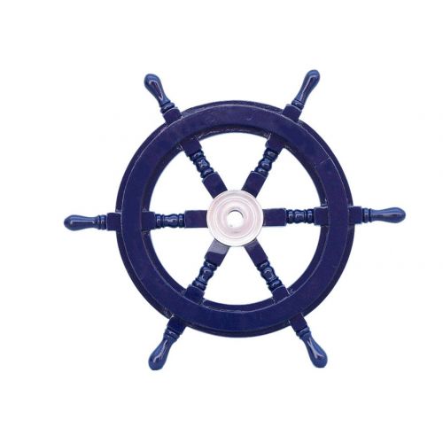  Hampton Nautical Deluxe Class Dark Blue Wood and Chrome Decorative Ship Steering Wheel 18 - ation