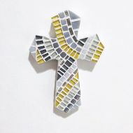 /HamptonMosaics Unique Wall Crosses, Yellow Gray Mosaic Cross Decor, First Communion Gift, Godchild Gift, Gift from Godparents Baptism Keepsake for Godchild