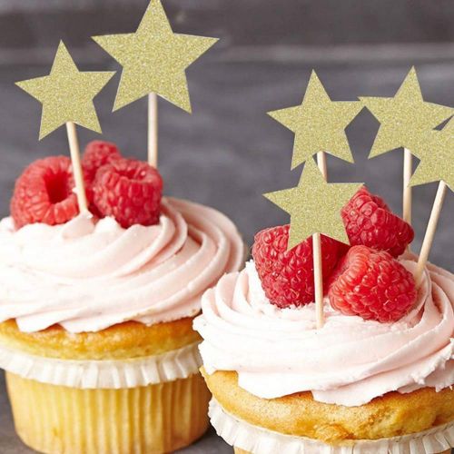  HanYoer 72 pcs Cupcake Toppers, Twinkle Gold Star DIY Glitter Mini Birthday Cake Snack Decorations(Star)