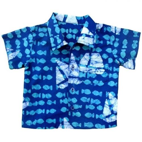  Hand Batiked Cotton Babies Button Down Shirt - Sailing Blue (Ghana) by Global Crafts