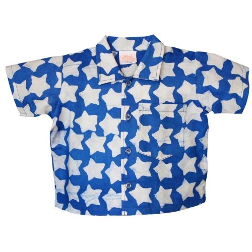  Hand Batiked Cotton Babies Button Down Shirt - Stars Blue (Ghana) by Global Crafts