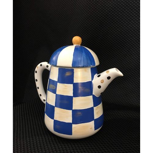  Hand painted on white ceramic tea pot Blue and White Decorative Tea Pot: Kitchen & Dining