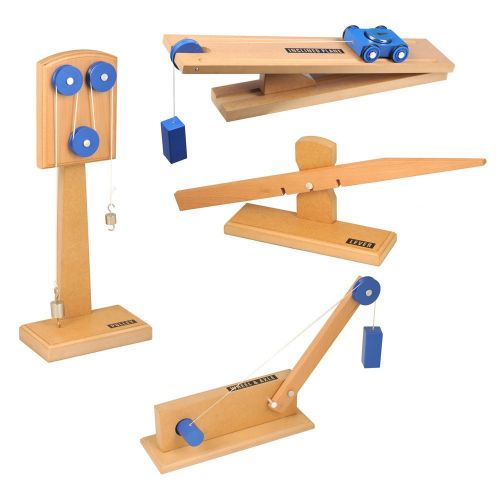  hand2mind Wood Simple Machine Collection with Inclined Plane and Cart, Double Pulley, Lever (Set of 4)