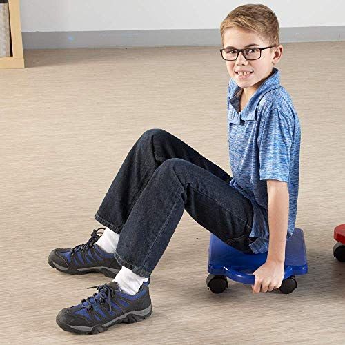  hand2mind 66189 Blue Indoor Scooter Board With Safety Handles For Kids Ages 6-12, Plastic Floor Scooter Board With Rollers, Physical Education For Home, Homeschool Supplies (Pack o