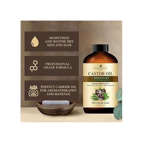  Handcraft Blends Castor Oil with Rosemary and Peppermint Oil in Glass Bottle - 4 Fl Oz - 100% Pure and Natural - Hair Relaxer for Tight Curls - Premium Grade Oil for Hair Growth, Eyelashes, Eyebrows