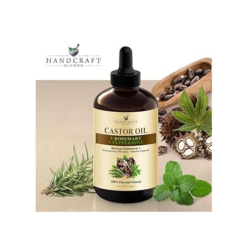  Handcraft Blends Castor Oil with Rosemary and Peppermint Oil in Glass Bottle - 4 Fl Oz - 100% Pure and Natural - Hair Relaxer for Tight Curls - Premium Grade Oil for Hair Growth, Eyelashes, Eyebrows