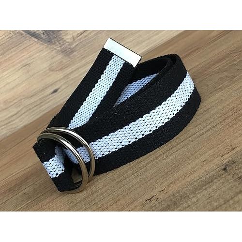  Black & White Canvas Cotton Woven D Ring Belt, 1.5