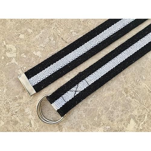  Black & White Canvas Cotton Woven D Ring Belt, 1.5