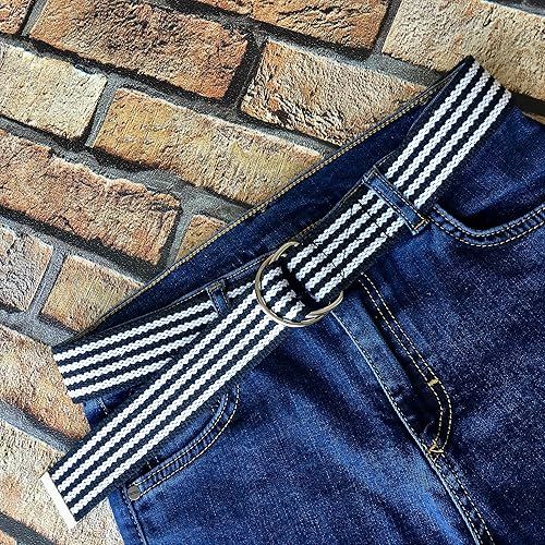  Navy & White Canvas Cotton Webbing D-Ring Belt, 1.5