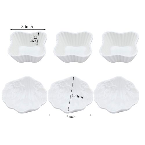  Handrong Set of 6 Small Porcelain Snack Appetizer Serving Tray, Ceramic Ramekins, Condiment Dishes, Dipping Cups, Sauce Dish Plate, Dessert and Ice Cream Bowls, White Seashell Clover with 6