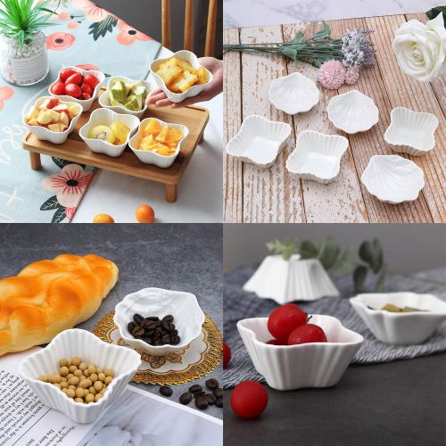  Handrong Set of 6 Small Porcelain Snack Appetizer Serving Tray, Ceramic Ramekins, Condiment Dishes, Dipping Cups, Sauce Dish Plate, Dessert and Ice Cream Bowls, White Seashell Clover with 6