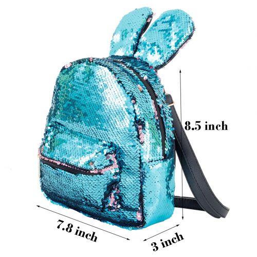  Handrong Magic Sequins Backpack with Cute Rabbit Ear Small Fashion Flip Sequin Shoulder Bag Schoolbag Daypack Knapsack for Travel Daily Beach Women Kids Girls Birthday Gifts, Reversible Blu