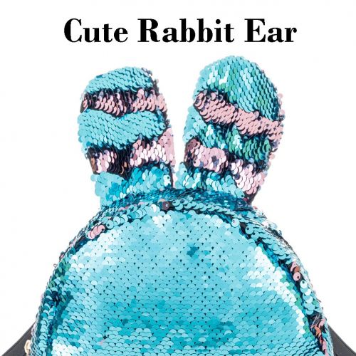  Handrong Magic Sequins Backpack with Cute Rabbit Ear Small Fashion Flip Sequin Shoulder Bag Schoolbag Daypack Knapsack for Travel Daily Beach Women Kids Girls Birthday Gifts, Reversible Blu