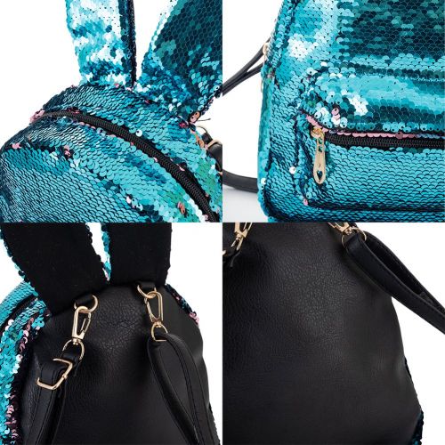  Handrong Magic Sequins Backpack with Cute Rabbit Ear Small Fashion Flip Sequin Shoulder Bag Schoolbag Daypack Knapsack for Travel Daily Beach Women Kids Girls Birthday Gifts, Reversible Blu