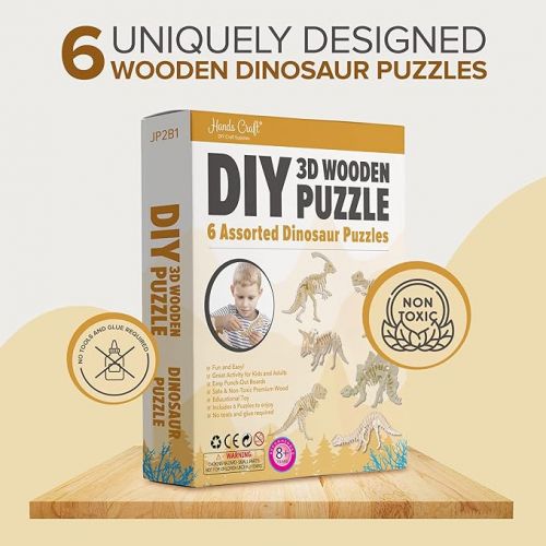  Hands Craft DIY 3D Wooden Puzzle ? 6 Assorted Dinosaur Bundle Pack Set Brain Teaser Puzzles Educational STEM Toy Adults and Kids to Build Safe and Non-Toxic Easy Punch Out Premium Wood JP2B1