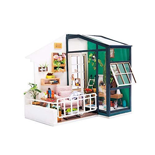  Hands Craft DIY Miniature Dollhouse Kit 3D Model Craft Kit Pre Cut Pieces LED Lights 1:24 Scale Adult Teen Balcony Daydreaming (DGM05)