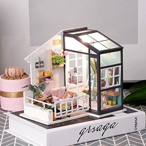  Hands Craft DIY Miniature Dollhouse Kit 3D Model Craft Kit Pre Cut Pieces LED Lights 1:24 Scale Adult Teen Balcony Daydreaming (DGM05)