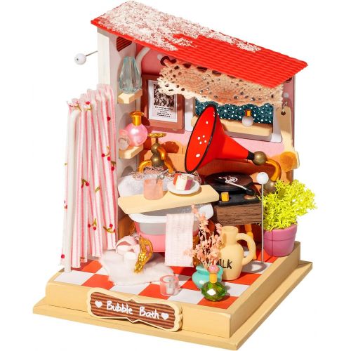  Hands Craft DIY Miniature House Kit Bubble Bath Bathroom to Build for Adults and Teens. Beautiful Bathroom, Cute Display, Cute Bathtub, Vintage Turn Table, Complete Crafting Kit (D