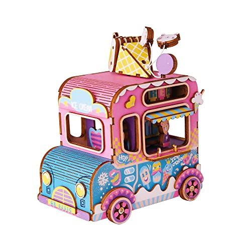  Hands Craft Ice Cream Truck Cute, Fun and Colorful DIY 3D Wooden Puzzle Hand Crank Music Box - Build it Yourself Brain Teaser STEM Crafting Toy - Plays Auld Lang Syne for Age 14+ (