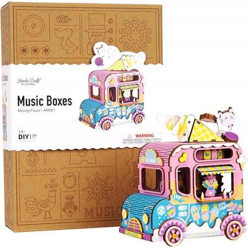  Hands Craft Ice Cream Truck Cute, Fun and Colorful DIY 3D Wooden Puzzle Hand Crank Music Box - Build it Yourself Brain Teaser STEM Crafting Toy - Plays Auld Lang Syne for Age 14+ (