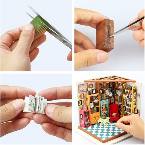  Hands Craft DIY Miniature Dollhouse Kit 3D Model Craft Kit Pre Cut Pieces LED Lights 1:24 Scale Adult Teen Sams Study Library (DG102)