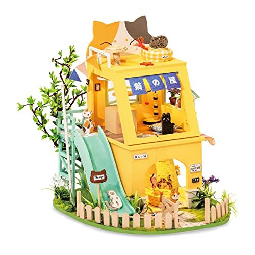  Hands Craft DIY Miniature Dollhouse Kit 3D Model Craft Kit Pre Cut Pieces LED Lights 1:24 Scale Cat House (DG149)