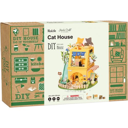  Hands Craft DIY Miniature Dollhouse Kit 3D Model Craft Kit Pre Cut Pieces LED Lights 1:24 Scale Cat House (DG149)