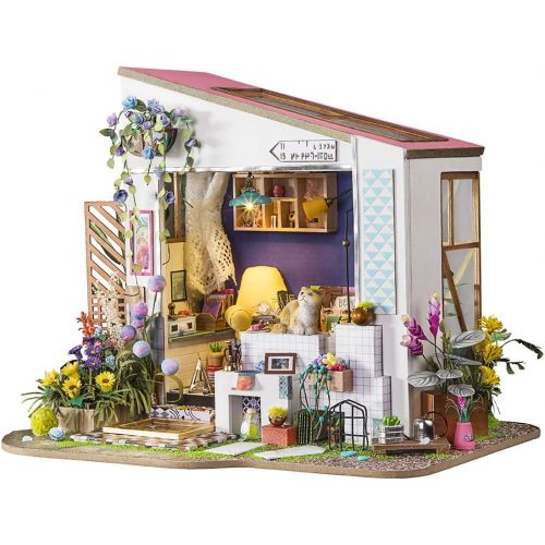  Hands Craft DIY Miniature Dollhouse Kit 3D Model Craft Kit Pre Cut Pieces LED Lights 1:24 Scale Adult Teen Lilys Porch (DG11)