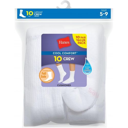  Hanes Womens Cushioned Crew Athletic Socks, 10-Pack