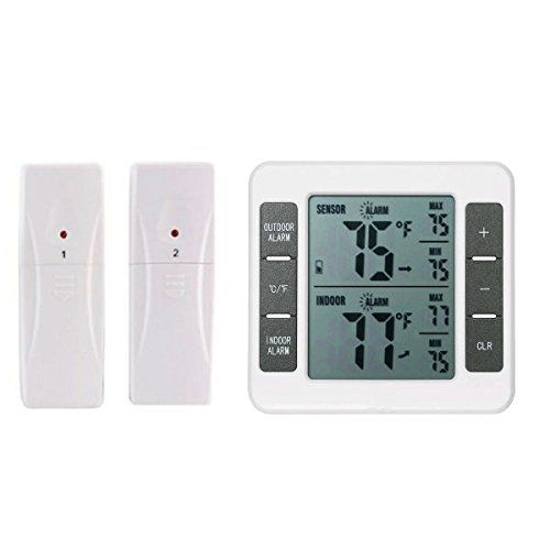  Hangang Refrigerator Thermometer Kitchen Wireless Digital Freezer Thermometer with 1PCS Wireless Sensors with Audible Alarm for Indoor Outdoor Temperature (One connecting two machi