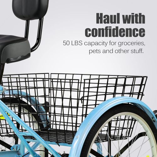  Hangnuo Adult Tricycles 7 Speed, Adult Tricycle Trikes 20/24/26 inch 3 Wheel Bikes, Three-Wheeled Bicycles Cruise Trike with Shopping Basket for Seniors Men Womens