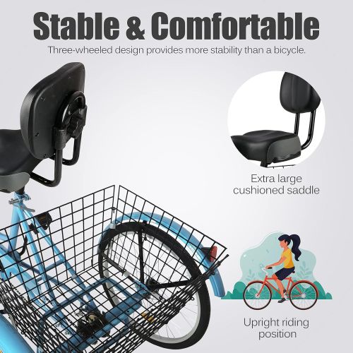  Hangnuo Adult Tricycles 7 Speed, Adult Tricycle Trikes 20/24/26 inch 3 Wheel Bikes, Three-Wheeled Bicycles Cruise Trike with Shopping Basket for Seniors Men Womens