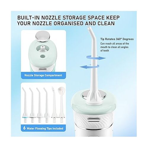  Water Flosser Cordless Oral Irrigator Portable Teeth Cleaner HOC600 IPX7 Waterproof Electric Dental Flossers with DIY Modes 6 Jet Tips for Braces Care Travel and Home Use