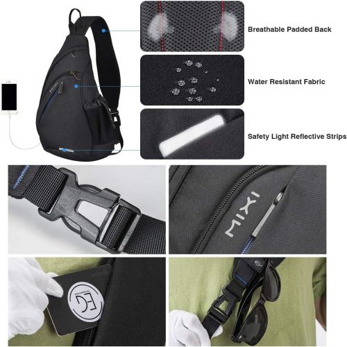  [아마존 핫딜] Hanke Sling Backpack, Sling Bag with USB Port Water Repellent Chest Backpacks Lightweight Small Sling Backpack Men Casual Backpack-19 inch, Black
