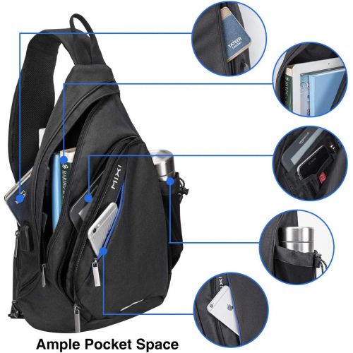  [아마존 핫딜] Hanke Sling Backpack, Sling Bag with USB Port Water Repellent Chest Backpacks Lightweight Small Sling Backpack Men Casual Backpack-19 inch, Black