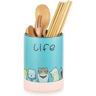 Hanobe Kitchen Utensil Holder for Countertop Blue Cooking Utensil Crock, Ceramic Cutlery Caddy with Cute Cat Pattern, Practical Utensil Pot for Counter for Fork Spoon Knife Spatula Flatwa