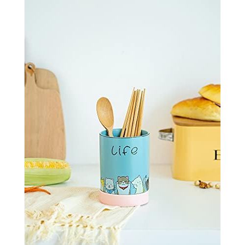  Hanobe Kitchen Utensil Holder for Countertop Blue Cooking Utensil Crock, Ceramic Cutlery Caddy with Cute Cat Pattern, Practical Utensil Pot for Counter for Fork Spoon Knife Spatula Flatwa