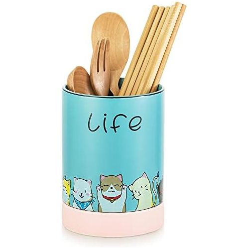  Hanobe Kitchen Utensil Holder for Countertop Blue Cooking Utensil Crock, Ceramic Cutlery Caddy with Cute Cat Pattern, Practical Utensil Pot for Counter for Fork Spoon Knife Spatula Flatwa