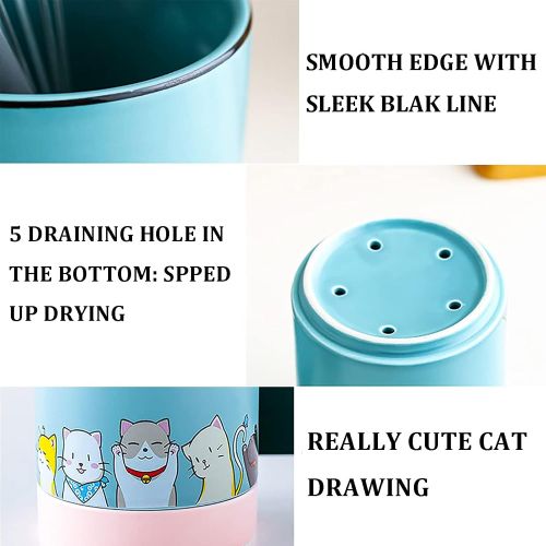  Hanobe Kitchen Utensil Holder for Countertop Blue Cooking Utensil Crock, Ceramic Cutlery Caddy with Cute Cat Pattern, Practical Utensil Pot for Counter for Fork Spoon Knife Spatula Flatwa