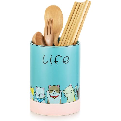  Hanobe Kitchen Utensil Holder for Countertop Blue Cooking Utensil Crock, Ceramic Cutlery Caddy with Cute Cat Pattern, Practical Utensil Pot for Counter for Fork Spoon Knife Spatula Flatwa