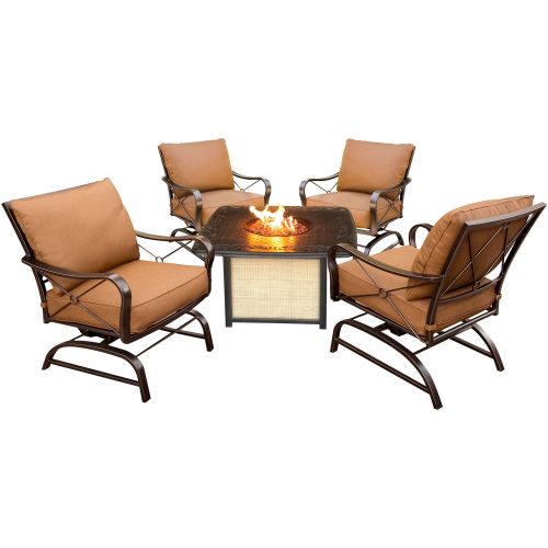  Hanover SUMMRNGHTCAST Outdoor Furniture Summer Nights Conversation Set with Cast-Top Fire Pit Table (5 Piece), Red