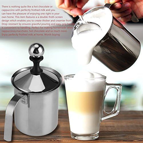  [아마존베스트]Haofy Manual Milk Frother 400 ml / 800 ml Stainless Steel Hand Foam Mixer with Double Mesh, Cappuccino Creamer for Coffee Latte Hot Chocolate (400 ml)