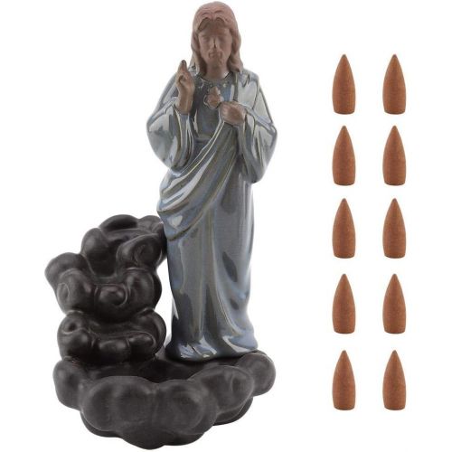  인센스스틱 Haofy Ceramic Incense Holder,Backflow Burner Smoke Jesus Virgin Incense Holder Burner with 10 pcs Cones Stick Home Decoration Handicraft Gift Easter Mary Statue Waterfall (Jesus)