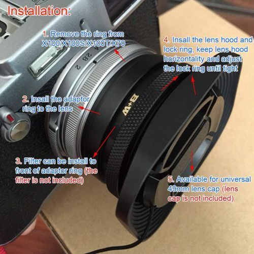  Haoge LH-E3T Square Metal Lens Hood with 49mm Adapter Ring with Cap for Fujifilm Fuji FinePix X100 X100S X100T X70 X100F X100V Camera Replaces Fujifilm LH-X100 AR-X100 LH-X70 Black