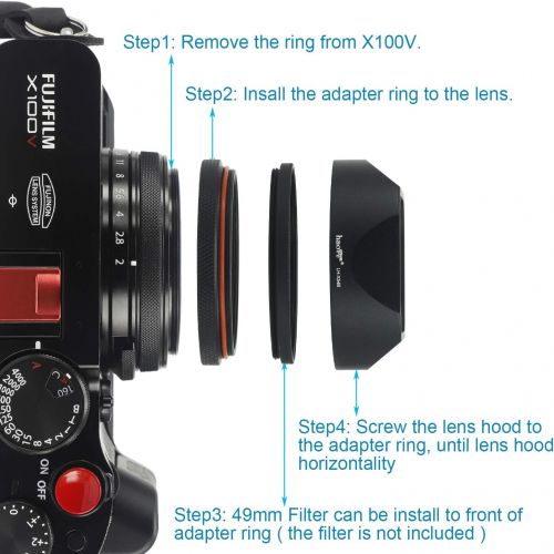  Haoge LH-X54B Square Metal Lens Hood with 49mm Adapter Ring for Fujifilm Fuji X100V Camera Black