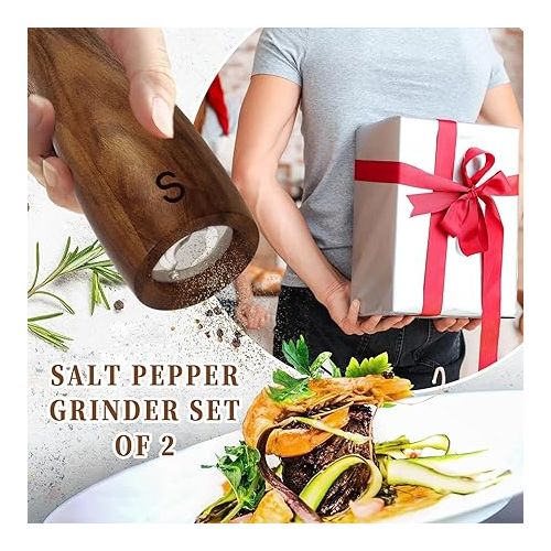  2 Pack Salt and Pepper Grinder Set, Acacia Wood Salt Mill Pepper Grinder with Ceramic/Stainless Steel Core, Modern and Elegant Wooden Salt and Pepper Set